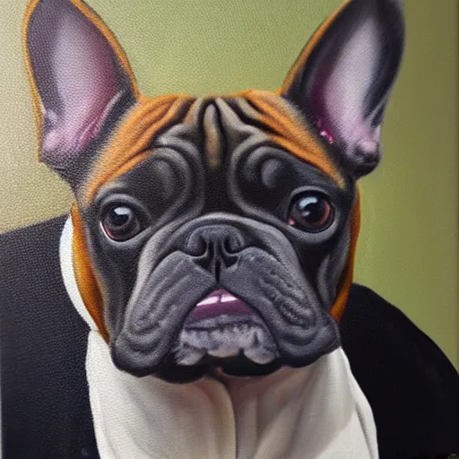 Image similar to oil painting of a french bulldog wearing businessman attire