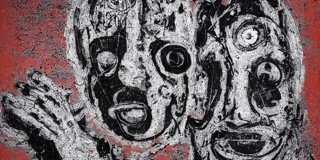 Image similar to eyeless man, technical, deconstructed, acrylic, teeth, eerie, tribal, clay, dotting, lines, stipple, points, cybernetic, style of old painting, francis bacon art, sleep paralysis, hypnosis, eerie, terror, oil, neon, black and white, splotches, colorful dots, ominous, abstract