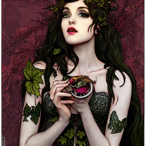 Prompt: a beautiful and detailed matte painting of a poison ivy dressed casually in clothes from hot topic, food court in a mall, dark eyeliner, intricate, elegant, highly detailed, digital painting, artstation, concept art, matte, sharp focus, illustration, art by rebecca guay and by arthur rackham and by alphonse mucha and by john william waterhouse