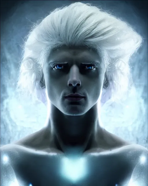 Image similar to perfect white haired egyptian male god, brute, fantasy nanosuit skin armor, beautiful, symmetric, dreamy, half african, black salamander eyes, charlize theron, detailed, scifi platform, laboratory, experiment, 4 k, ultra realistic, epic lighting, android body, illuminated, cinematic, masterpiece, art by akihito tsukushi, voidstar