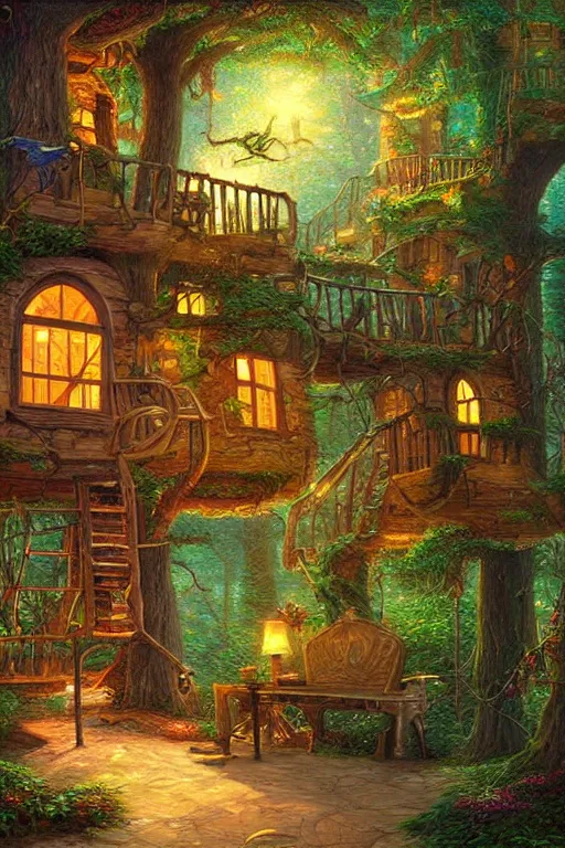 Detailed digital illustration anime house tree magic room