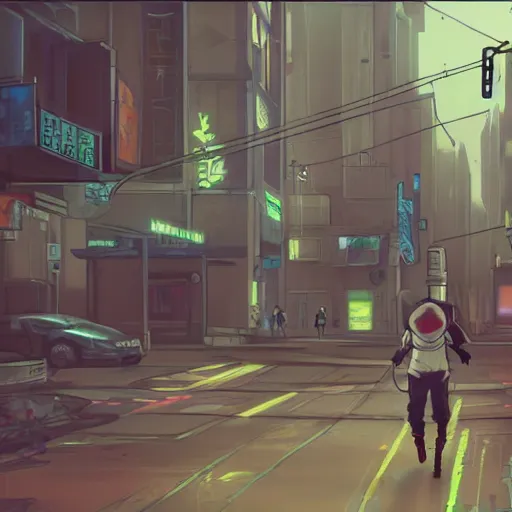 Image similar to concept art of video game about rabbit travelling through a cyberpunk city to find it's owners