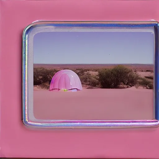 Image similar to a pastel colour high fidelity Polaroid art photo from a holiday album at a pink desert with abstract inflatable parachute furniture, all objects made of transparent iridescent Perspex and metallic silver, no people, iridescence, nostalgic