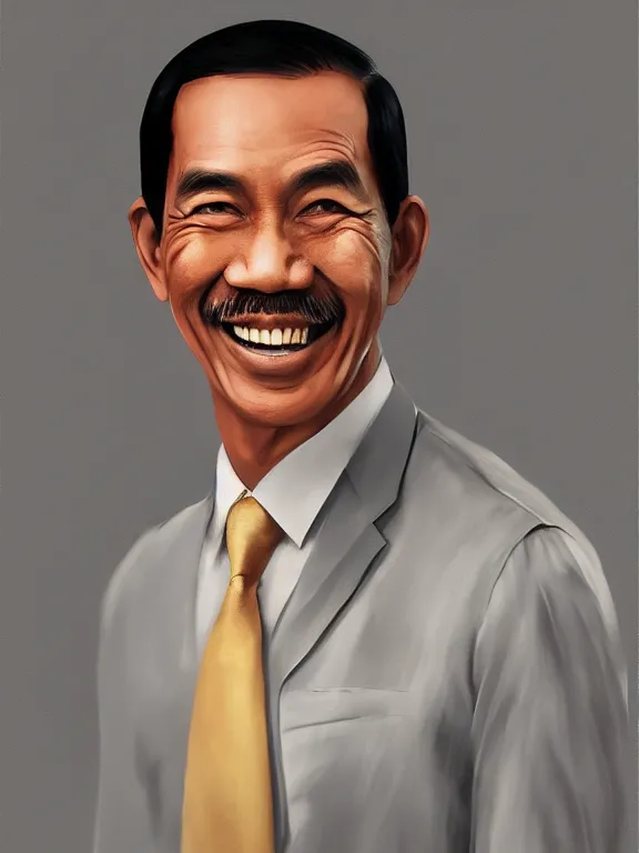 Prompt: photo of president joko widodo with simple smile and clean shaved, paint detailed digital artstation, portrait, hd 4 k, greg rutkowski