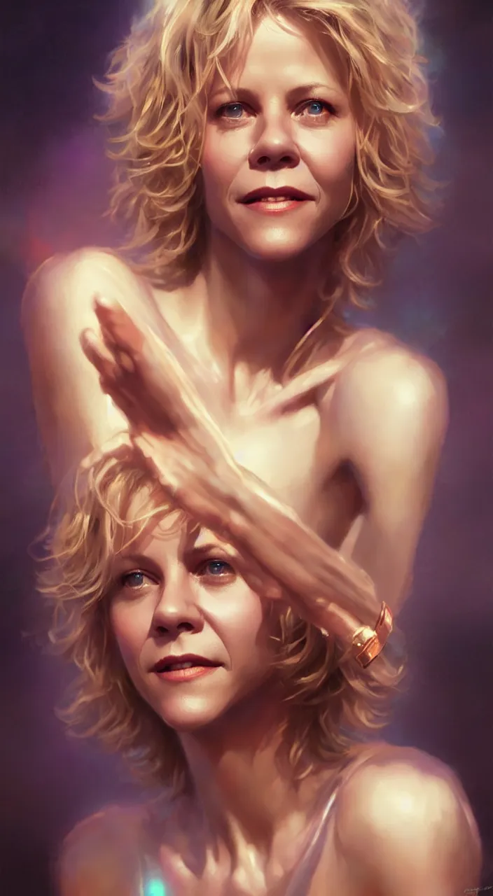 Prompt: photo of meg ryan, film still, dslr, by greg rutkowski, enoch bolles, ross tran, artgerm, wlop glossy skin, intricate detail, art deco, pearlescent, very coherent, cute