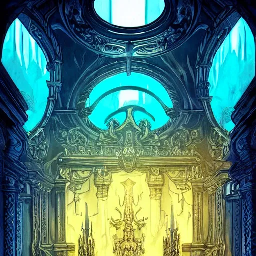 Image similar to Rafael Albuquerque comic art and artgerm, The interior of an underwater city, insanely ornamented with baroque evil golden decorations, black ornaments, ominous devilish altar made of bones, blue neon light coming from the windows, mysterious atmosphere, octane