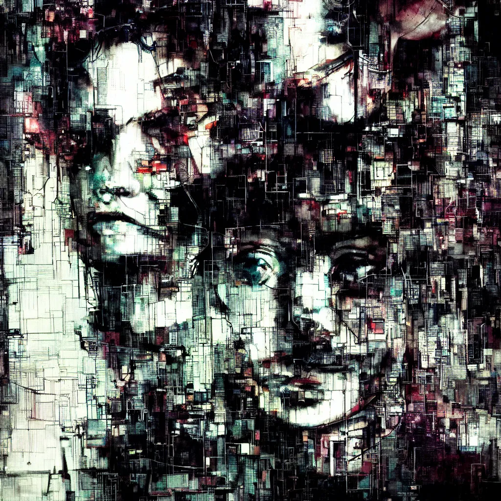 Image similar to glitchcore portrait of a cyberpunk dreamer, wires, machines, in a dark future city by jeremy mann, francis bacon and agnes cecile, and dave mckean ink drips, paint smears, digital glitches glitchart