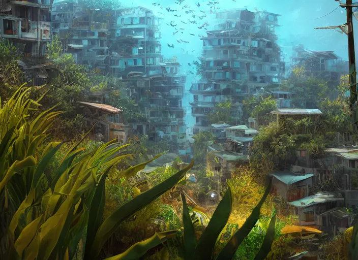 Prompt: overgrown foliage overtaking favela, underwater environment, buildings, coral, scenery, professional, award - winning, trending on artstation, detailed, realistic, beautiful, emotional, shiny, golden, picture