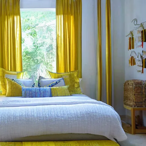Prompt: a bedroom with banana curtains
