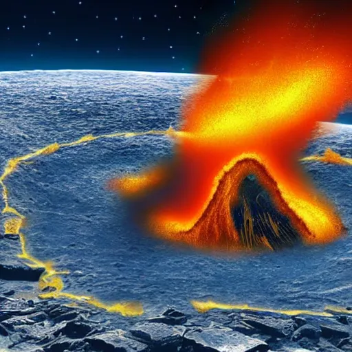 Prompt: fiery meteorite crashing into an active volcano, artist's impression