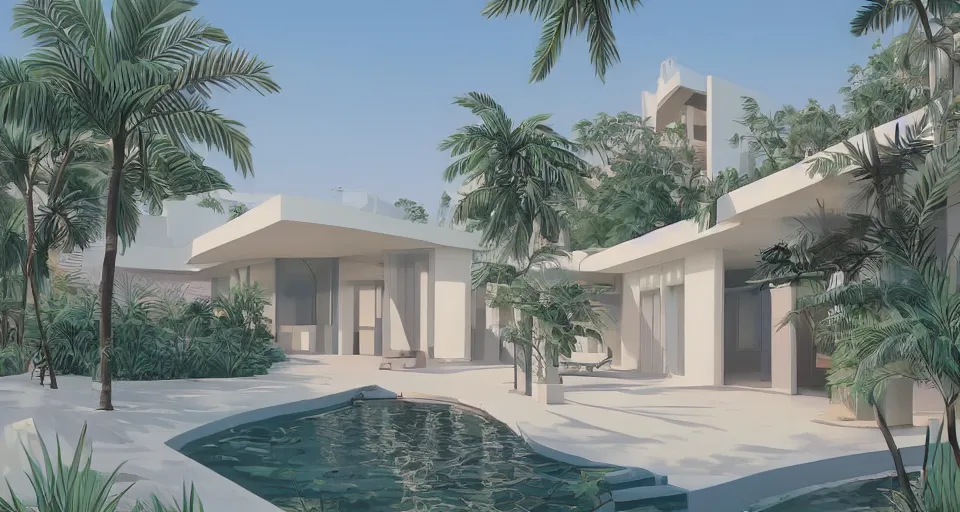 Image similar to contemporary house in an oasis with palm trees, hiroshi nagai, matte painting, artstation, concept art