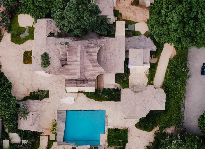 Prompt: realistic photo of a house from above, clean photo, stock photo, award winning, editorial, beautiful, establishing shot, 3 5 mm, zeiss lens, canon, nikon