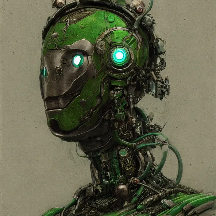 Prompt: portrait of a green ultron from age of ultron, clockwork steampunk, dieselpunk, head and chest only, by beksinski, 4 k, deviantart, trending on artstation