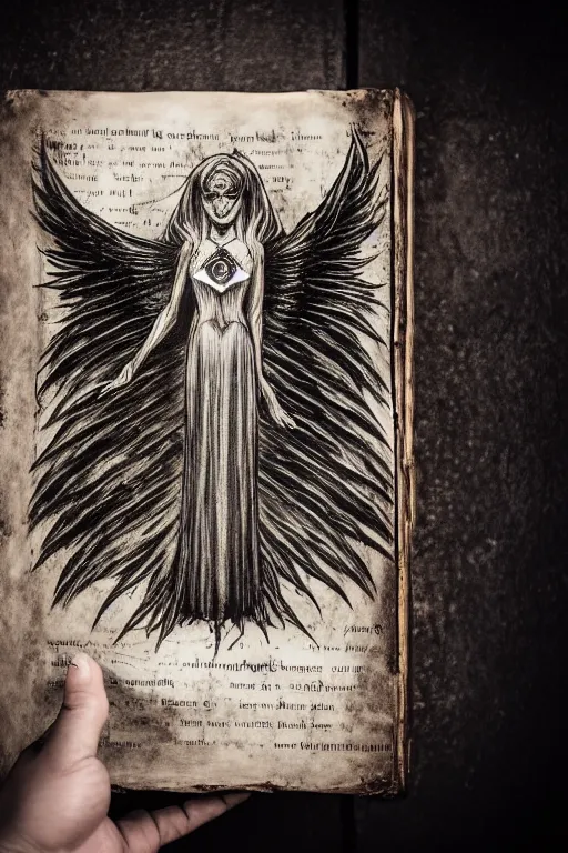 Image similar to dlsr photo illustration of summoned dark angel holding a book of necronomicon, symmetrical, cinematic, sharp focus, 4 k, ultra hd, sense of awe, sinister demonic atmosphere, dreadful, forbidden knowledge, old gods. demonology journal cover