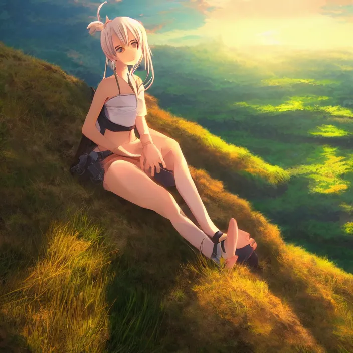 Image similar to Anime Girl Sitting on Edge of Cliff at a Green Valley at Sunset, Golden Hour! Trending on Artstation, Pixiv, Deviant Art!