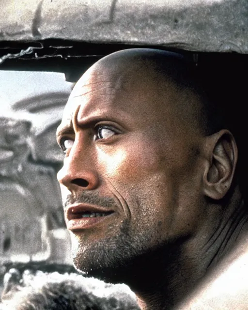 Image similar to film still close up shot of dwayne johnson as max rockatansky in the movie mad max 2 the road warrior. photographic, photography