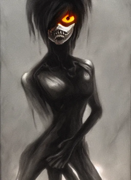 Image similar to dark portrait painting of tracer from overwatch, in style of zdzisław beksinski, scary, horror, overwatch tracer character, dressed in dark garment, black tendrils, tall,
