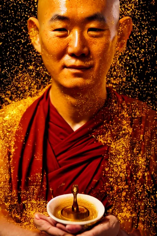 Prompt: buddhist monk potrait with liquid gold coming out of in his mounth by stanley kubrick and tooth wu and wlop and beeple