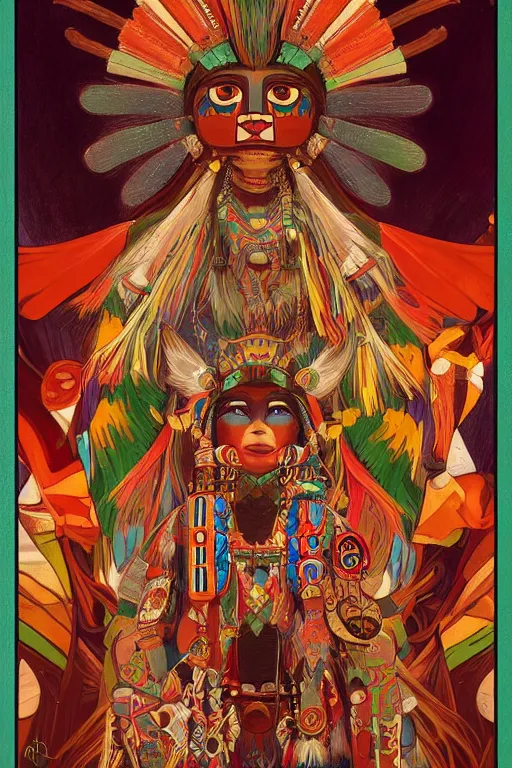 Image similar to A beautiful portrait of Hopi kachina dolls, symmetrical features, cinematic lighting, soft bokeh, fantasy, modern, colourful, highly detailed, digital painting, artstation, deviantart, concept art, sharp focus, illustration, by alphonse mucha