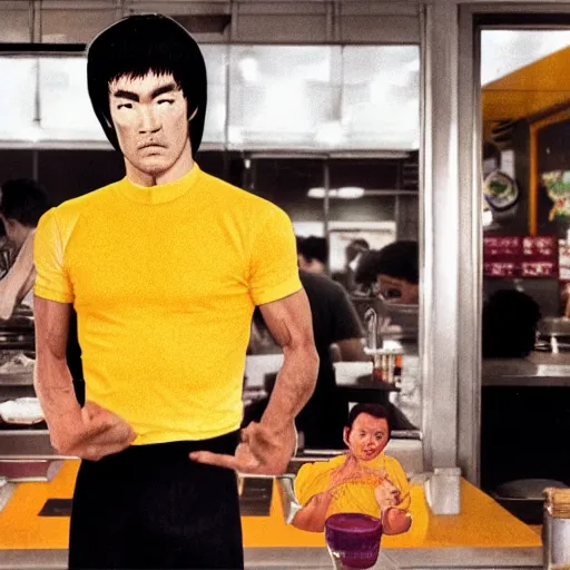 Image similar to 8 k realistic portrait photograph of bruce lee standing inside of a detailed and busy wafflehouse