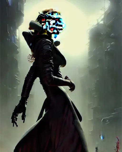 Image similar to beautiful fantasy character portrait, natalie portman, wearing oversized black trench coat, ultra realistic, wide angle, dramatic lighting, vultures, very seductive pose, cyberpunk artifacts, highly detailed by peter mohrbacher, hajime sorayama, wayne barlowe, boris vallejo, aaron horkey, gaston bussiere, craig mullins
