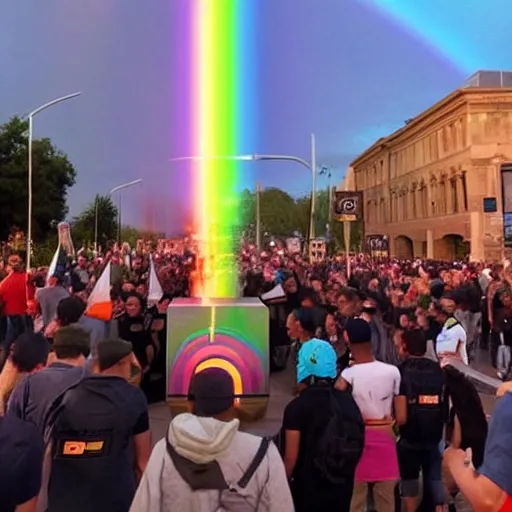 Image similar to rainbow apple logo monolith surrounded by a mob of torch lit protestors