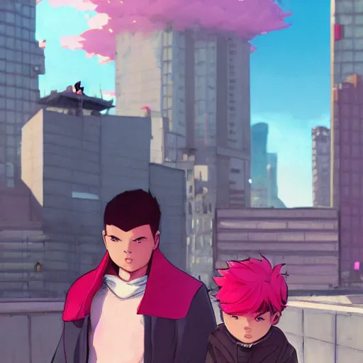 Prompt: damian wayne with pink haired friend, city landscape, Gotham, artstation, highly detailed, by makoto shinkai and thomas kindle and James gilleard