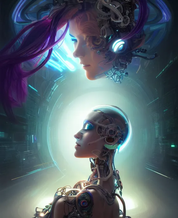 Image similar to whirlwind souls rushing inside metaverse, half body, glowin eyes, tiara, robotic, android, cyborg, cyberpunk face, by loish, d & d, fantasy, intricate, elegant, highly detailed, colorful, vivid color, digital painting, artstation, concept art, art by artgerm and greg rutkowski and alphonse mucha and ruan jia