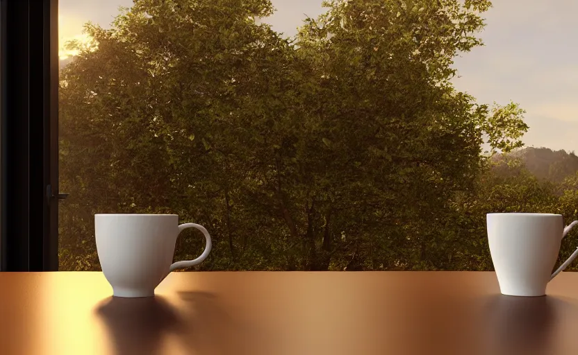 Image similar to a cup of coffee on a cafe table near a window with view to the sunrise, concept art, octane render, unreal engine 5, trending on artstation, high quality, highly detailed, path traced, high coherence, hyperrealistic, godrays, serene scene, soft lighting, macro photo