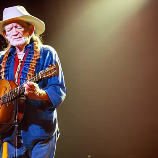 Image similar to willie nelson on stage, detailed, guitar. god rays through fog.