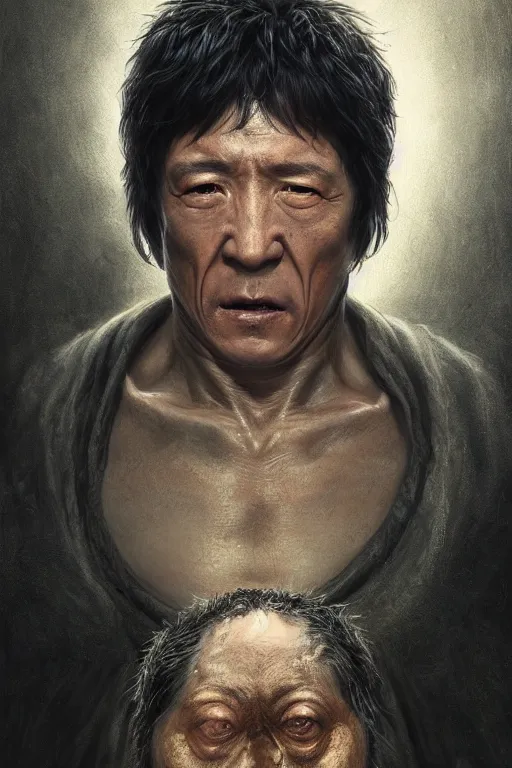 Prompt: realistic portrait beautiful detailed matte painting of cinematic movie scene jackie chan mutate into botfly larva. horror, created by gustave dore and greg rutkowski, high detailed, smooth draw, synthwave neon retro, intricate, realistic proportions, dramatic lighting, trending on artstation.