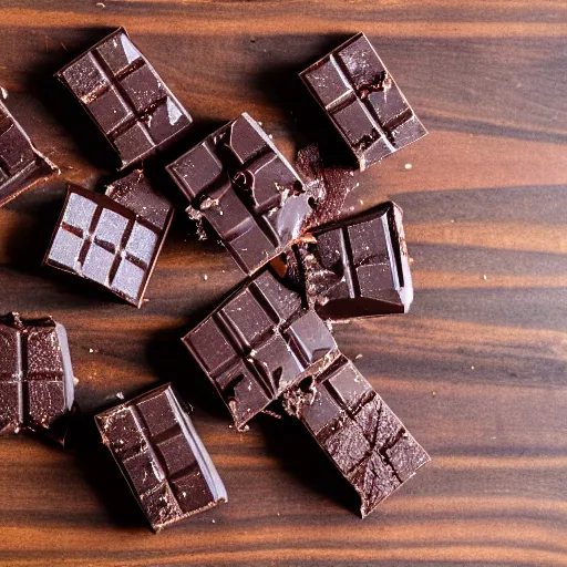 Prompt: pieces of dark chocolate on a wooden cutting board, dramatic cool, close up, dslr photo