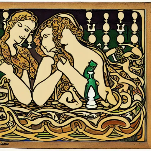 Prompt: Adam and Eve playing chess, while the serpent watches. Art nouveau