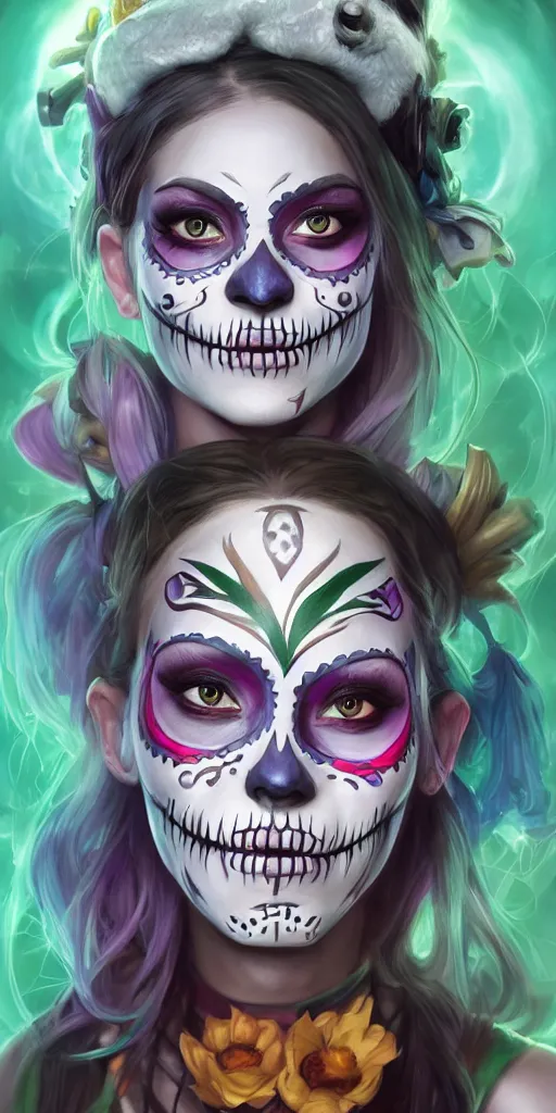 Image similar to uhd portrait photography mirror of jinx and teemo from league of legends with her face painted as in the dia de los muertos, coherent portraits, mmorpg fantasy, intricate, elegant, highly detailed, digital painting, trending on artstation, hdr photo, smooth, sharp focus, illustration, art by artgerm and greg rutkowski and alphonse mucha