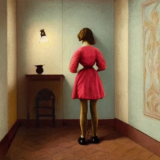 Image similar to a a lonely girl in a liminal room, film still by wes anderson, depicted by velazquez, limited color palette, very intricate, art nouveau, highly detailed, lights by hopper, soft pastel colors, minimalist