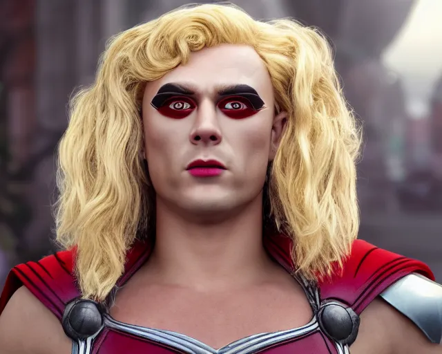 Image similar to thor as a drag queen, cinematic shot, 8k resolution, hyper detailed