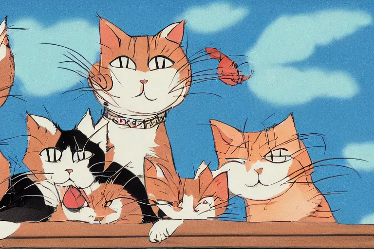 Prompt: four happy stray cats, lounging about and looking at the camera, urban setting, whimsical, trending on artstation, animation still by Hayao Myazaki