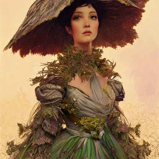 Prompt: hyperdetailed portrait of beautiful queen's flower moss armored maid costume girl. highly detailed portrait, digital painting, artstation hq, sharp foccus ilustration, artstation hq. intricate, elegant. wlop, artgerm, greg rutkowski, alphonse mucha, medium shot. dan mumford, tomokazu matsuyama, takato yamamoto