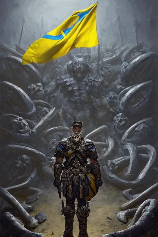 Prompt: a distant shot from behind of a Ukrainian super soldier with blue and yellow flag behind him standing alone on a huge pile of skulls as a winner, masculine muscular figure, D&D, fantasy, intricate, elegant, highly detailed, extremely detailed, digital painting, artstation, concept art, matte, sharp focus, illustration, art by Artgerm and Greg Rutkowski and Alphonse Mucha