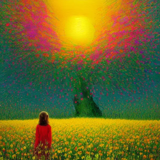 Prompt: large flower as a face, girl standing in a flower field, surreal photography, big trees, sunrise dramatic light, impressionist painting, colorful clouds, digital painting, pointillism, artstation, simon stalenhag