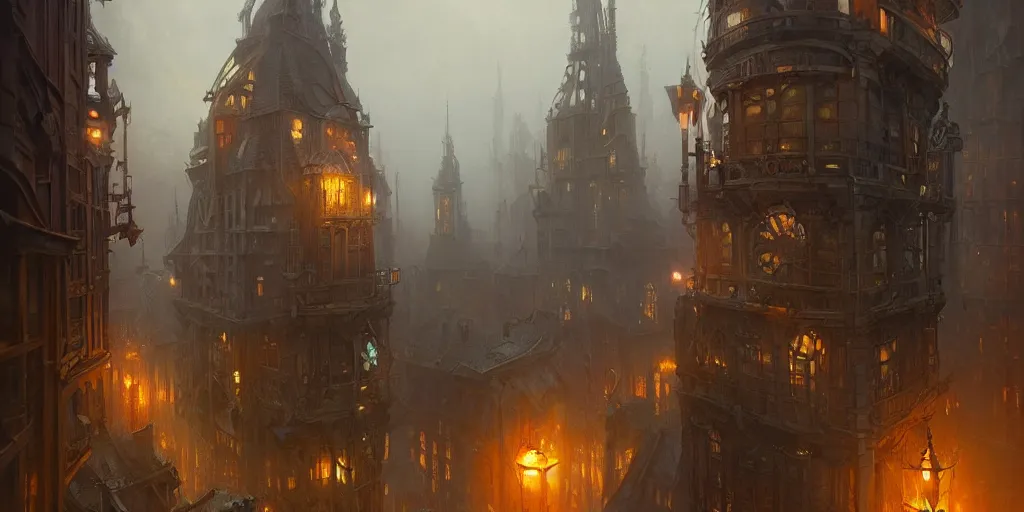 Prompt: steampunk architecture by greg rutkowski and thomas kinkade, trending on artstation epic movie shot