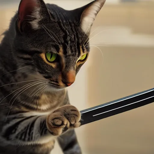 Prompt: a high detail shot of a homeless cat wielding a sword realism 8 k
