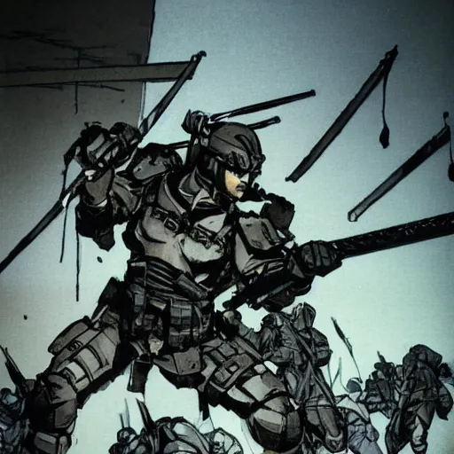 Prompt: hero sitting on a chair holding a sword on his back, looking at a army in the background illustrated by yoji shinkawa, pencil art, extra detail, dynamic, colored, blood, metal swords