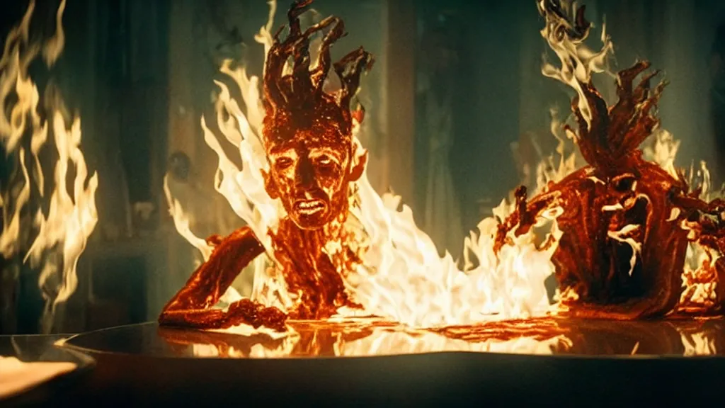 Prompt: the strange creature in a restaurant serves people, made of fire and water, film still from the movie directed by Denis Villeneuve with art direction by Salvador Dalí, wide lens