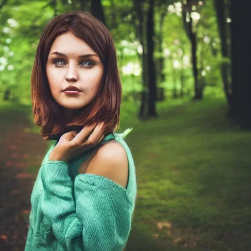 Image similar to an hd photo of a young woman with short brown hair and green eyes, trees in the background, night sky with stars and galaxies, trending on artstation, candid, profile photo