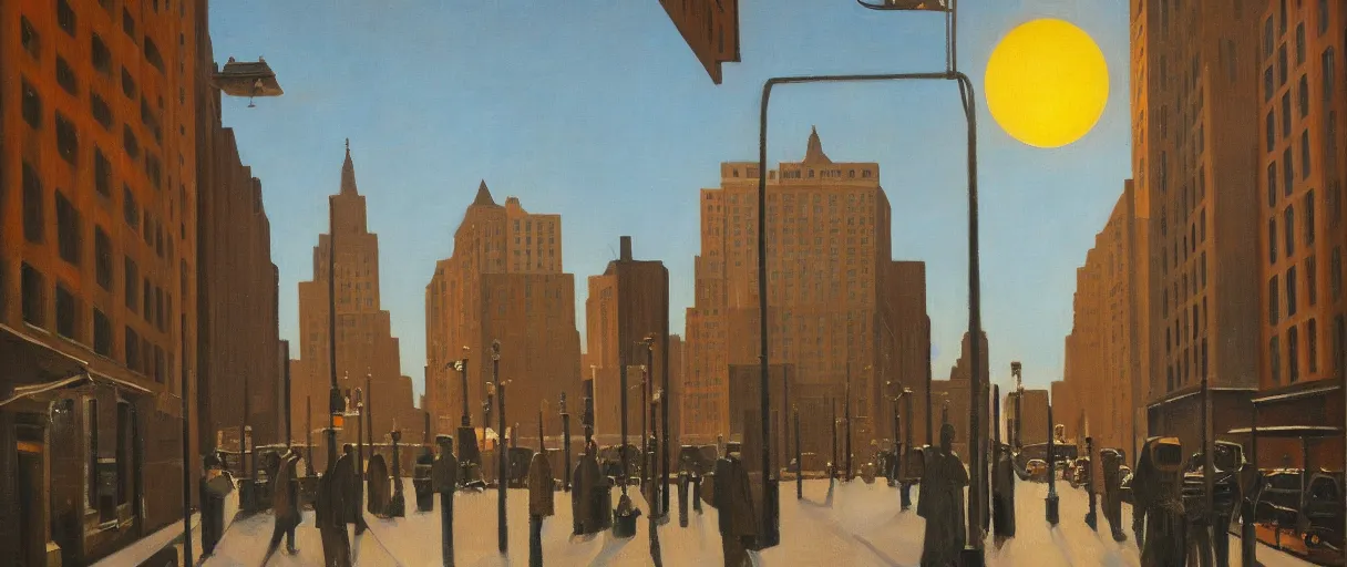 Prompt: Manhattan hanging sun in winter, street view, warm lighting, oil painting, by Giorgio de Chirico