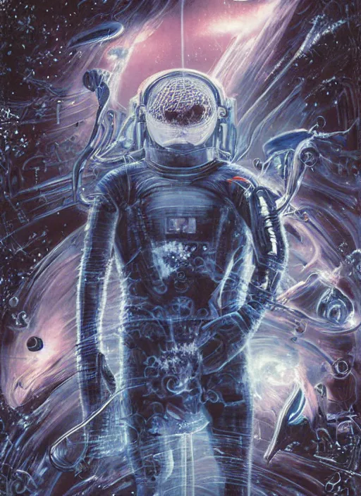 Image similar to astronaut in dark void underwater - complex and hyperdetailed technical suit design. reflection and dispersion materials. rays and dispersion of light. volumetric light. f / 3 2. noise film photo. flash photography. ultra realistic, 5 0 mm. poster by wayne barlowe, hajime sorayama aaron horkey, craig mullins