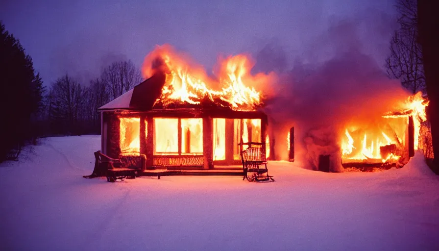 Prompt: 1 9 7 0 s movie still of a burning french style little house in a small northern french village by night in winter, cinestill 8 0 0 t 3 5 mm, heavy grain, high quality, high detail, dramatic light, anamorphic, flares