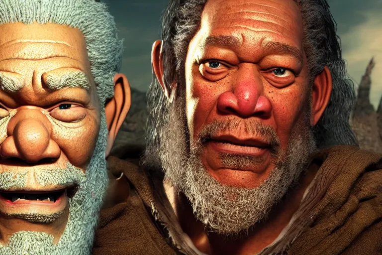 Image similar to morgan freeman starring as gimli in lord of the rings, still from a pixar movie, high quality 3 d render, movie, pixar, renderman, 4 k, artstation