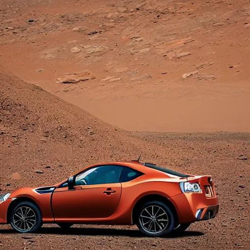 Prompt: a subaru brz, on the surface of mars, photography